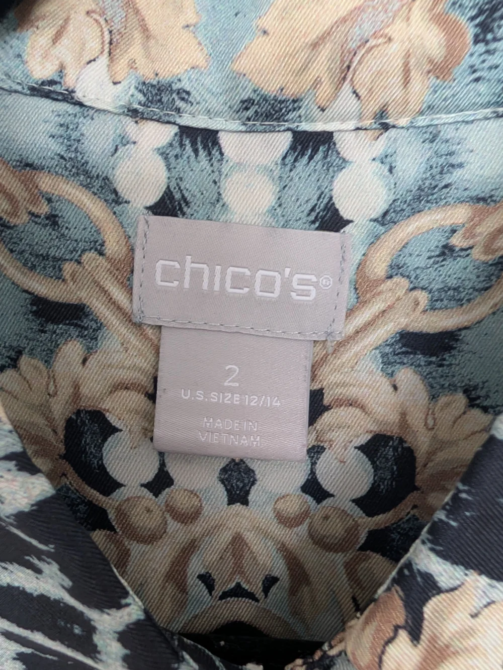Chico's Blue and Beige Ornate-Print Button-Down Shirt
